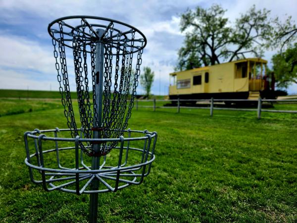The basket on Hole 1 at Clear Creek Disc Golf Course