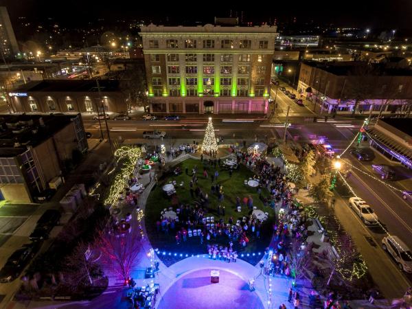 Aerial view of Bicentennial Park lit up by Christmas Lights in New Albany