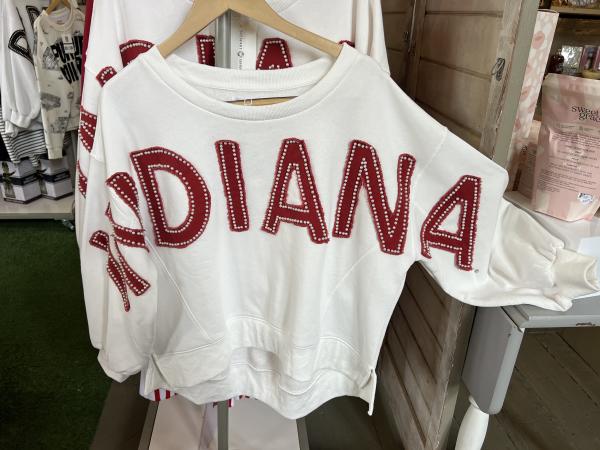 White and red Indiana crew neck sweater from The Mercantile New Albany.