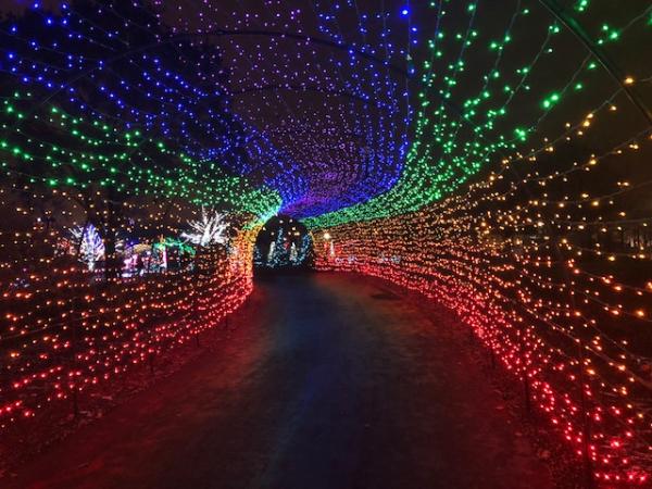 Rainbow LED light tunnel during Franklin Park Conservatory's holiday event, Conservatory Aglow