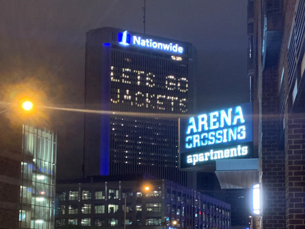 Nationwide building lit with "Let's Go Jackets"