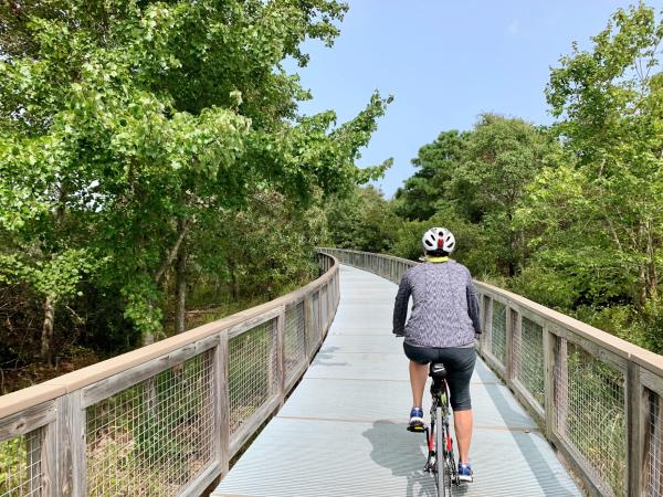 A biker rides down the Gordons Pond Bike Trail in Lewes, Del.