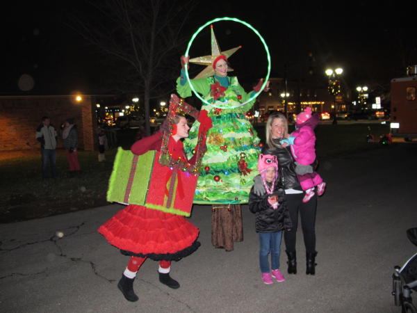 Christmas characters performing in the street at Dublin, Ohio's Christmas Tree Lighting Event.