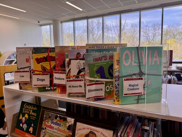 Colorful display of Grab & Go youth book bundles at the Columbus Metropolitan Library – Dublin Branch, with themes like Cats, Dogs, Dinosaurs, Emotions, and Magical Creatures.