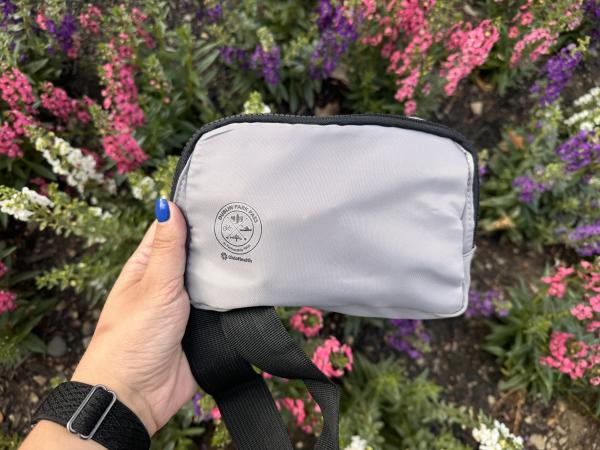 Hand holding a gray Dublin Park Pass pouch with colorful flowers in the background.