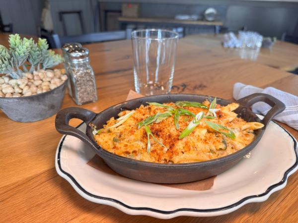 A dish of braised short rib mac and cheese served in a cast-iron skillet, topped with green onion slices and breadcrumbs, placed on a decorative white plate with a black rim on a wooden table. The table also holds a glass of water, a potted succulent, and a pepper shaker.