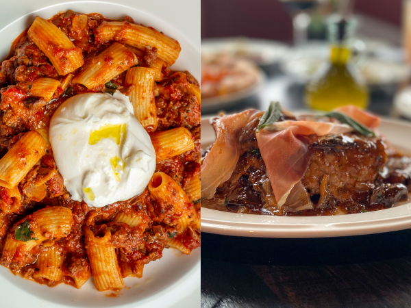Two photos of the Rigatoni and Veal Marsala from Valentina's