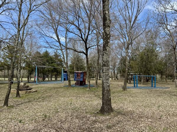 A wooden structure mimicking a Fort Smith city trash can appears as a climbable object at the Stone Park Playground.