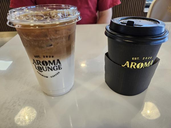 Two coffee drinks from Aroma Lounge