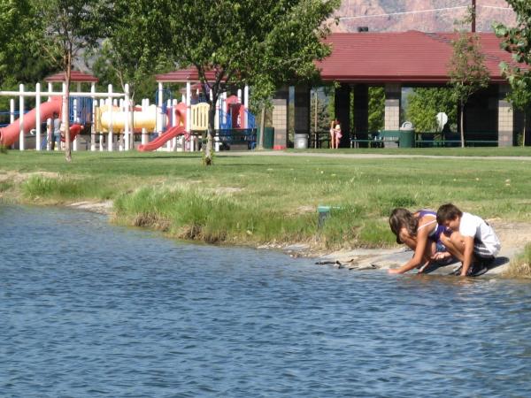 Children playing by pond at Canyon View Park
