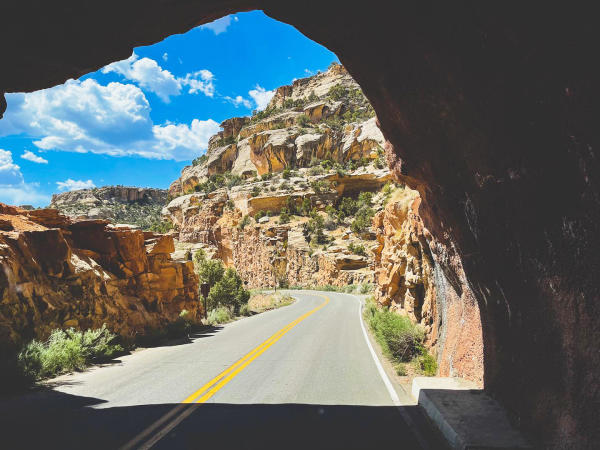 View of Rim Rock Drive from one of the tunnels in Colorado National Monument