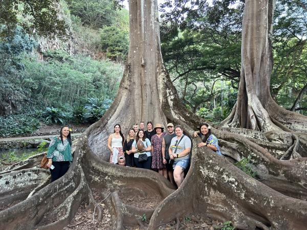 The group enjoyed the beautiful Allerton Garden Sunset Tour and found the dinosaur egg, from the Jurassic Park movie, in the roots of the Moreton Bay Fig trees.