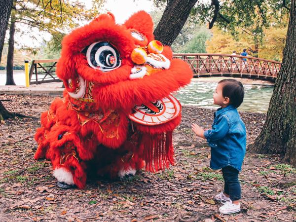 A child standing in front of a person wearing a traditional chinese lion dancer costume