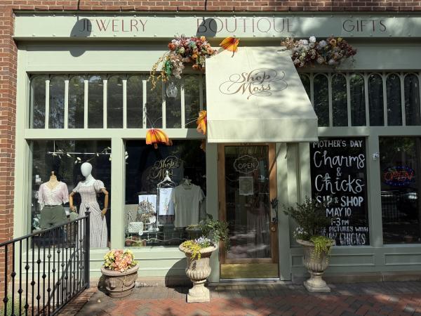 The exterior of Shop Moss in the Village of Providence in Huntsville, Alabama features soft green storefront windows, floral displays, boutique clothing in the window, and decorative planters lining the brick sidewalk. Butterflies and seasonal décor add to the charming, walkable shopping atmosphere.