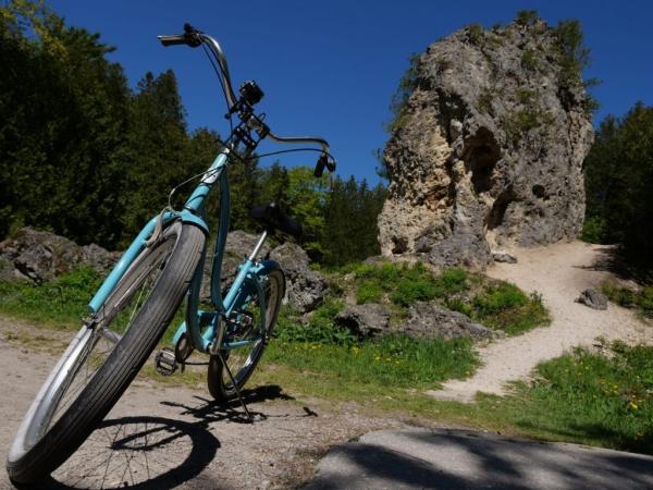 A bike stands on a dirt path near the Sugar Loaf rock formation in Mackinac Island State Park