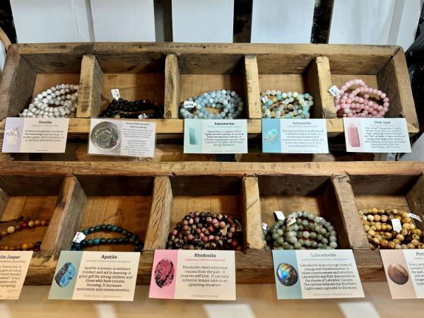 case of colorful gem bracelets at The Flower Gallery