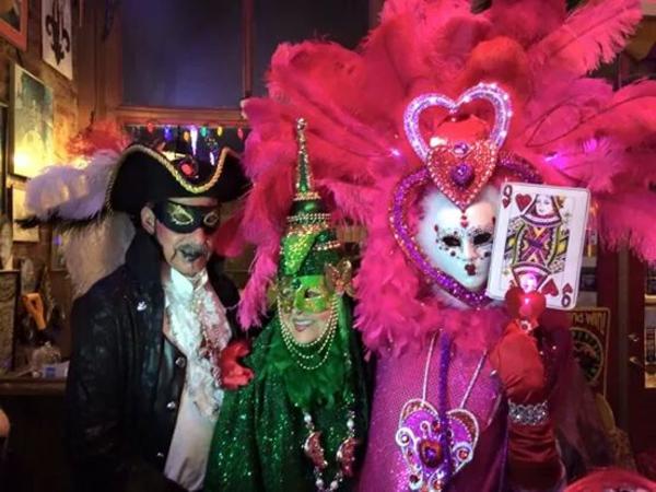 Fun Mardi Gras costumes at Zydeco's Cajun in Mooresville.