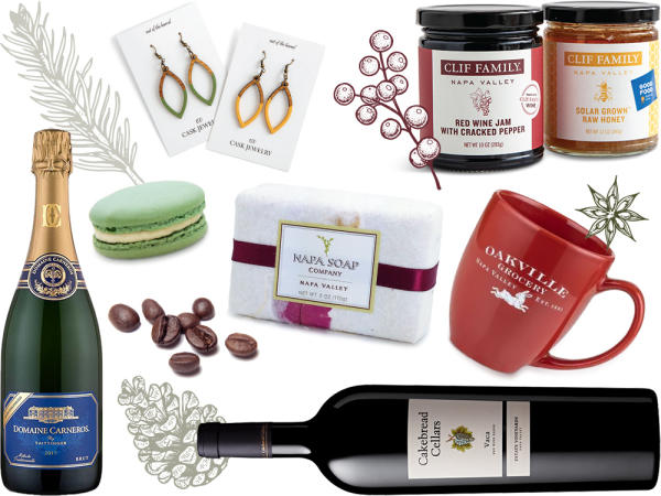 gifts from Napa Valley - wine bottles, earrings, soap, mug, jam, macaron