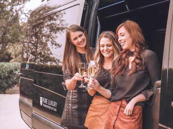 Three women each holding a glass of wine, while standing next to an open van door