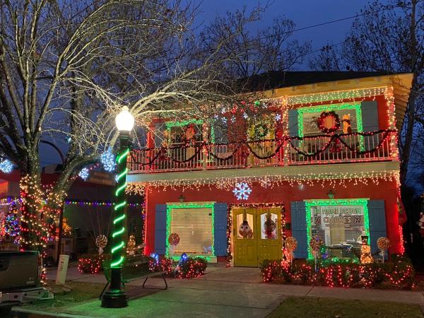 Olde Towne Slidell brightly decorated for Christmas.