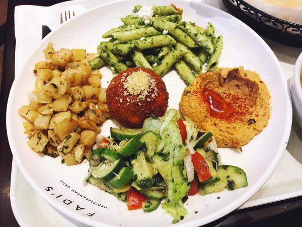 Fadi's plate of vegetarian food with hummus, pasta salad, potatoes, and more!