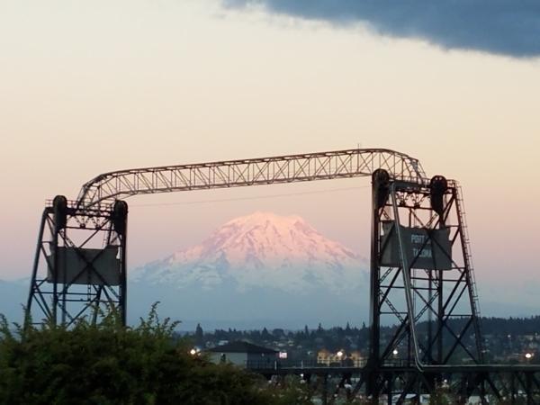 Murray Morgan Bridge in Tacoma, Washington, with Mount Rainier in the background