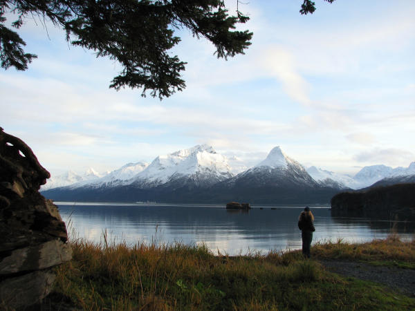 a person stands on a beach looking at water and mountains