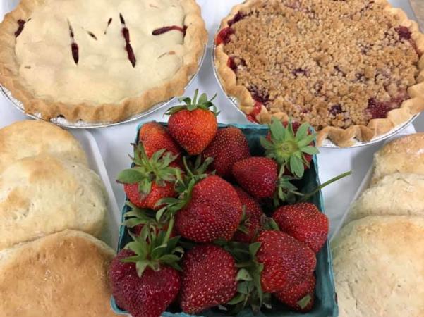 Fresh pies, biscuits and strawberries from Morgan's Half Acre Produce