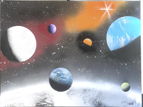 Space and Planets with Burgundy and Orange by Lionel Stone