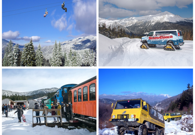 Collage of winter photos including a zipline, vans with treads instead of tires driving up Mount Washington, and passengers debarking from the Mount Washington Cog Railway