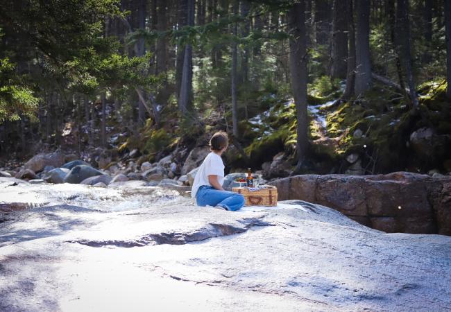 Woman with picnic basket on rock at Otter Rocks Day Use Area (Kancamagus Highway)