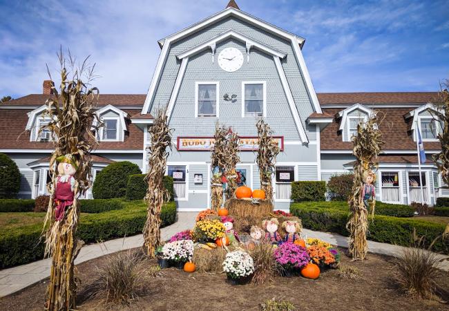 Scarecrows surround a pumpkin display outside a large train station with the words "Hobo Jct. Station" over the door
