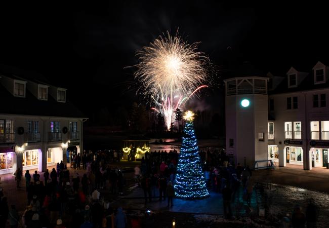 Waterville Valley Town Square Fireworks (Christmas Tree with Fireworks in Distance at Nighttime)