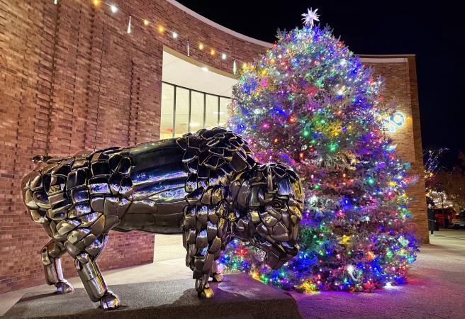 Buffalo Statue with Christmas Tree in Downtown Grand Junction