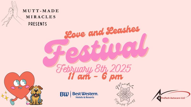 A graphic advertising the 2025 Love and Leashes festival.