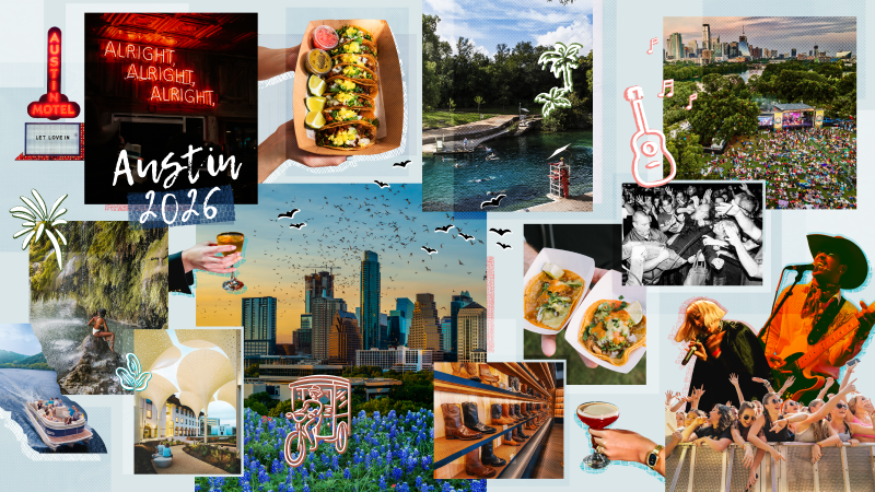 Visual collage of iconic Austin imagery like live music, wildflowers, skyline with bats, and tacos.