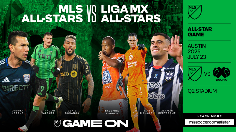 Digital flyer for the MLS All-Star Game in Austin, Texas on July 23, 2025. The flyer shows players from the MLS All-Stars and Liga MX All-Stars teams and a link to purchase tickets.