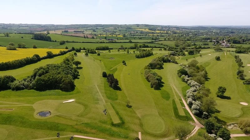 An aerial view of Feldon Valley Golf Course surrounded by open countryside