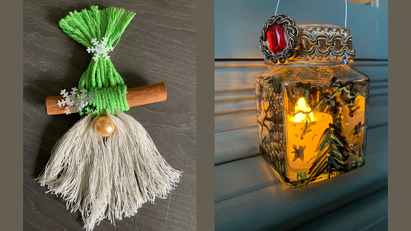 A macrame gnome and a painted glass lantern made at the Christmas Decorations Workshop