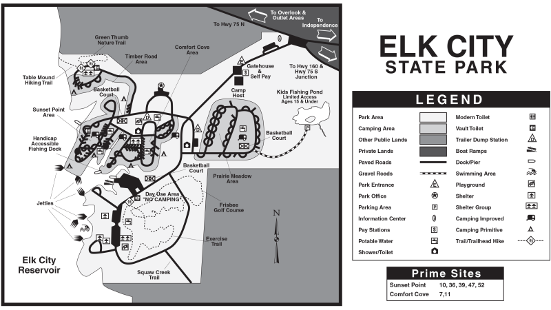 Black and white map of Elk City State Park