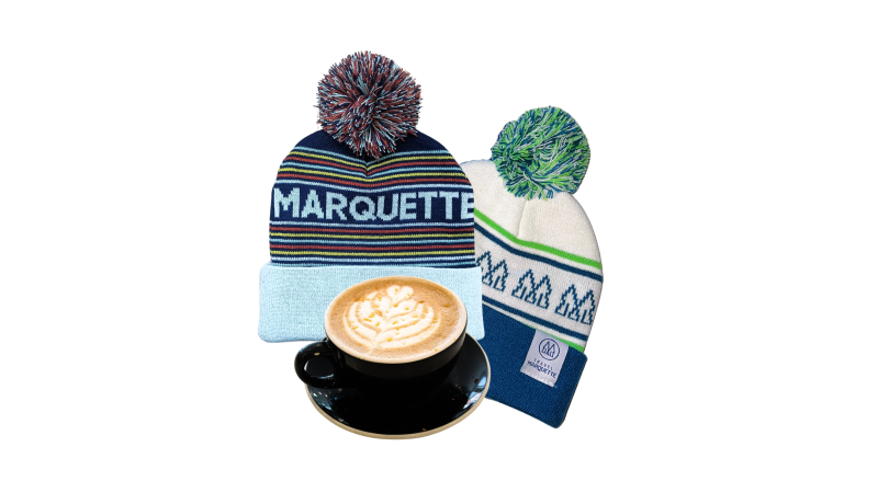 Winter Adventure Rewards Pass prizes: gift card for local coffee and Marquette winter pom hats