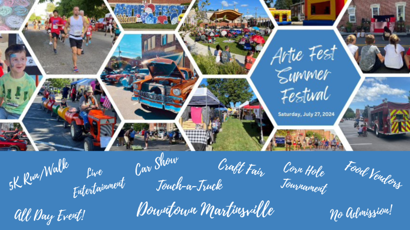 Artie Fest 2024 will take place in downtown Martinsville on Saturday, July 27. Image shows a collage of images from past events.