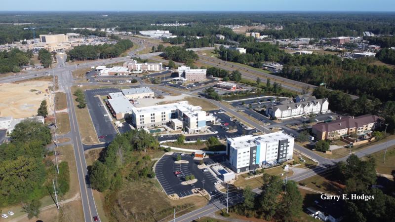 Aerial view of hotels and surrounding businesses in Rocky Mount, North Carolina