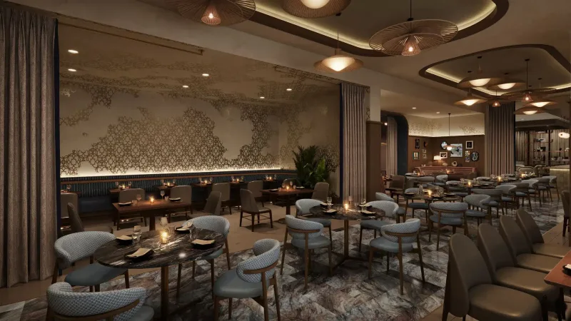 Elegant restaurant interior with ambient lighting, patterned accent wall, marble floors, and modern furniture arranged neatly with table settings. Thompson