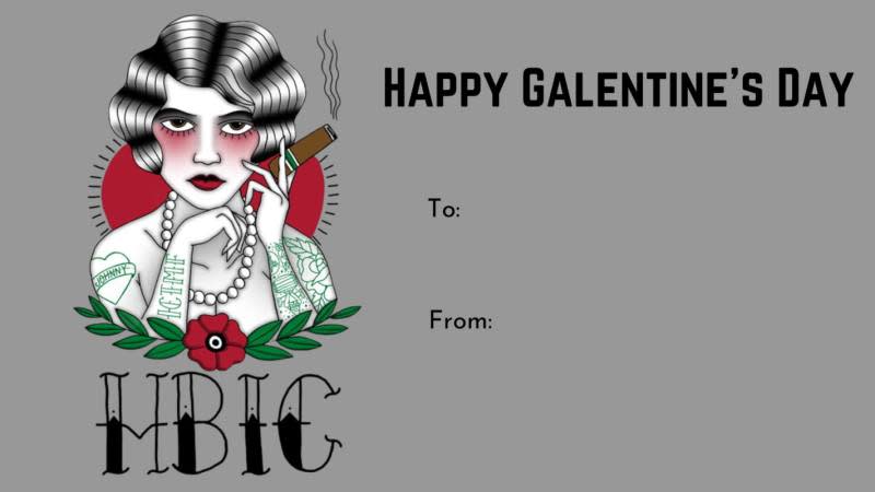 An image of a woman smoking a cigar is featured on a Happy Galentine's Day valentine card image
