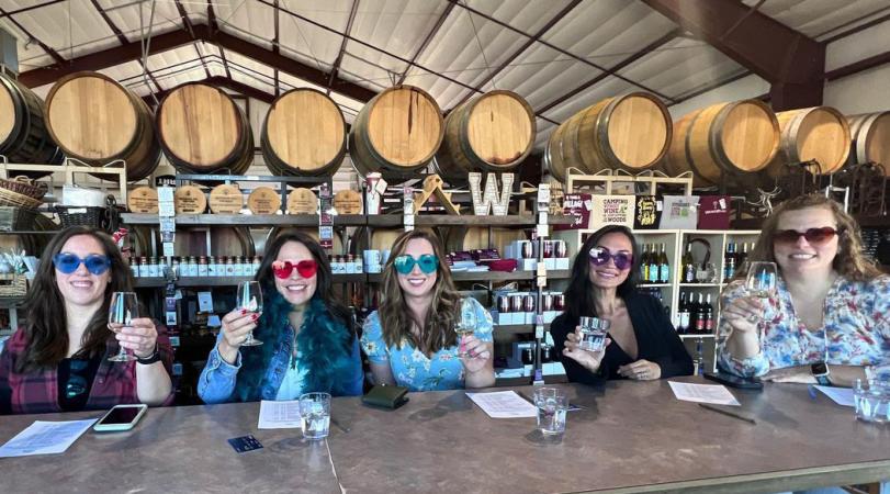 Picture of Five Women Sitting While Holding Wine Bottles