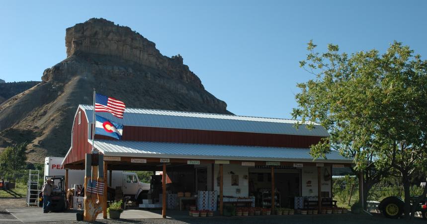 Colorado and America Flag in front of Clarks Family Orchard