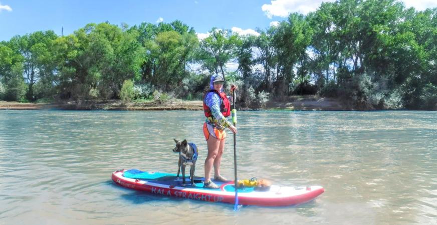 Woman and a dog on a paddleboard