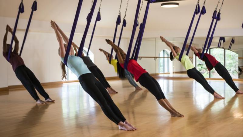 Aerial yoga at the sport club fitness center