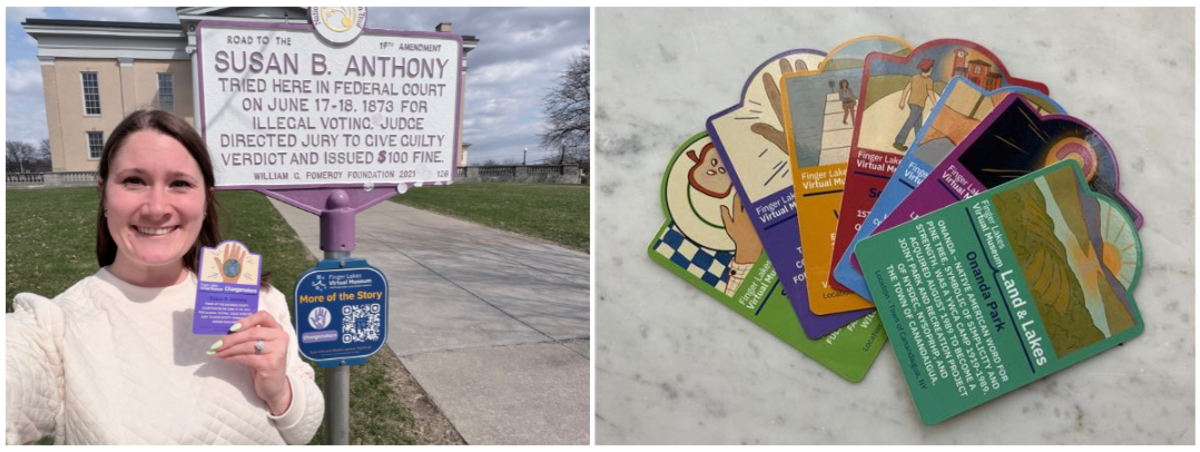Women taking a photo with a custom trading card at a matching historic marker